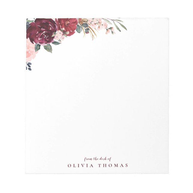 Burgundy boho floral personalized Stationery Notepad (Front)