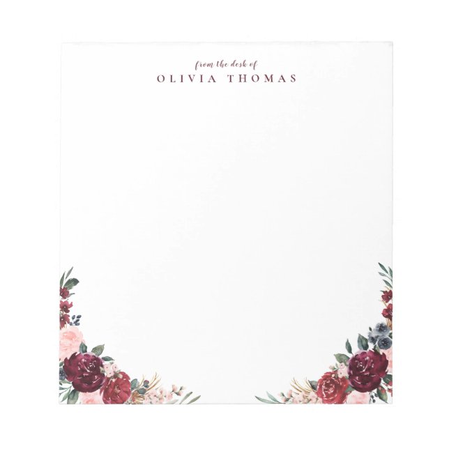 Burgundy boho floral personalized Stationery Notepad (Front)