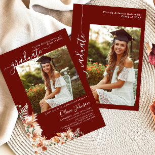 Burgundy Boho Floral Photo Graduation Announcement