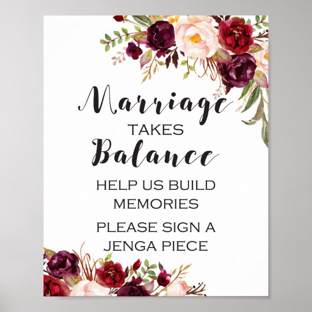 Burgundy Boho Floral Sign - Marriage Takes Balance (Front)