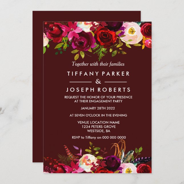 Burgundy Boho Floral Spring Engagement Party Invitation (Front/Back)