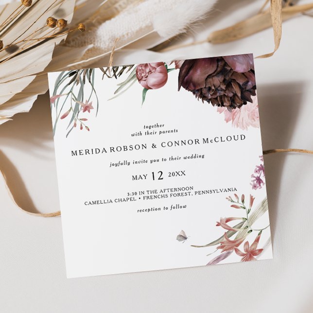 Burgundy Boho Floral Square Wedding Invitation (Creator Uploaded)