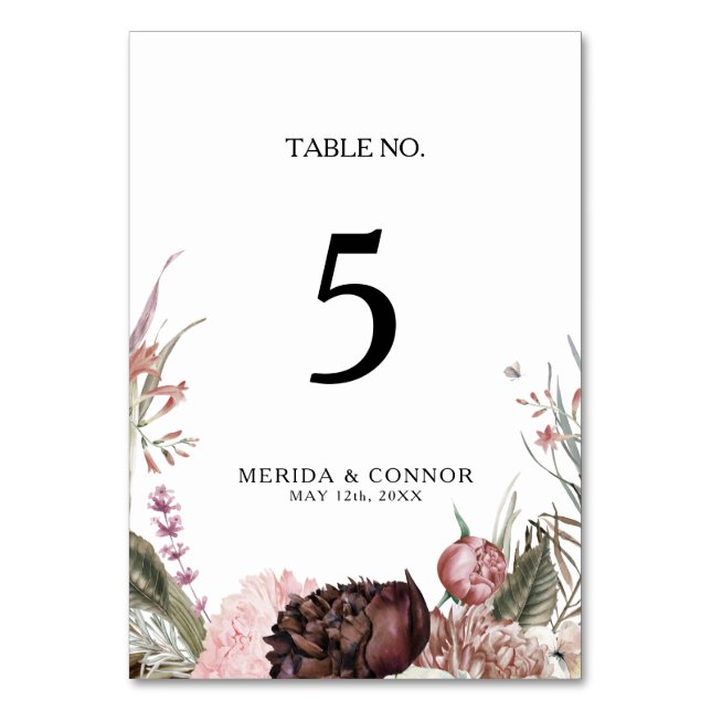 Burgundy Boho Floral Table Number (Front)