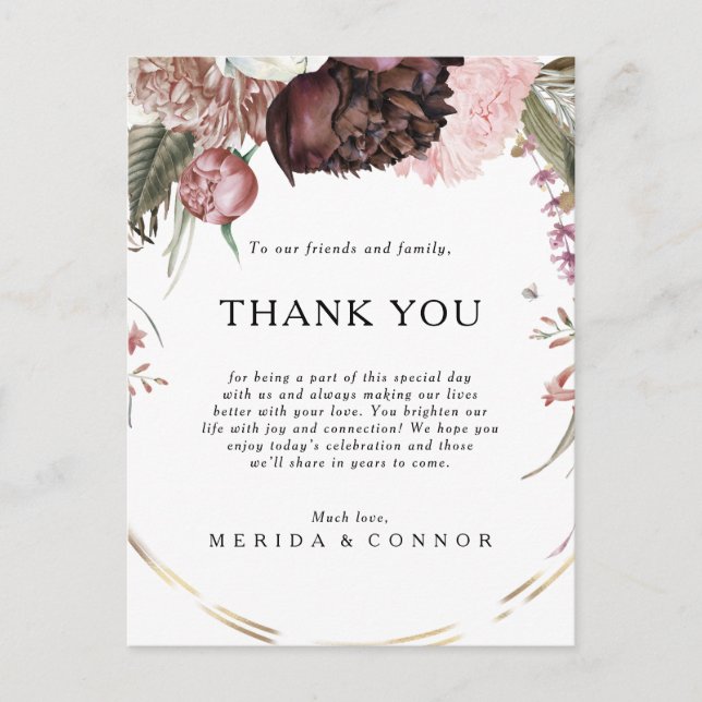 Burgundy Boho Floral Thank You Reception Card (Front)