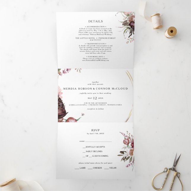 Burgundy Boho Floral Wedding All In One Tri-fold (Inside)