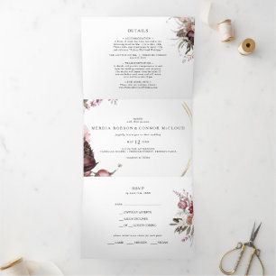 Burgundy Boho Floral Wedding All In One Tri-fold Invitation