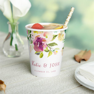 Burgundy Boho Floral Wedding Engagement Paper Cups