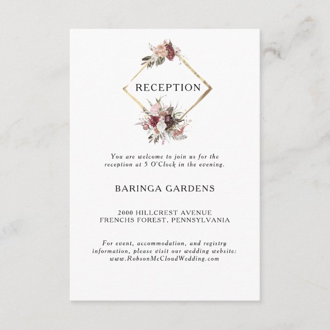 Burgundy Boho Floral Wedding Reception Card (Front)