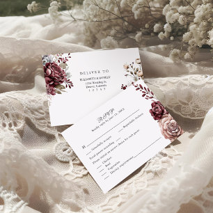 Burgundy Boho Floral Wedding RSVP Card
