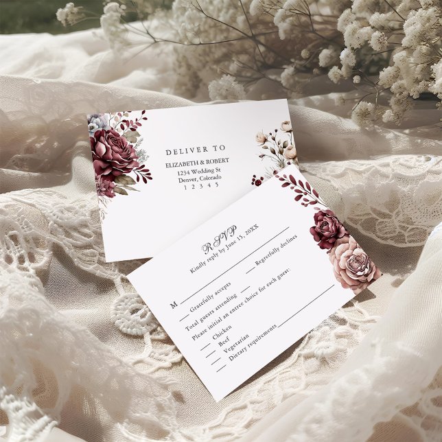 Burgundy Boho Floral Wedding RSVP Card (Burgundy Boho Floral Wedding RSVP Card surrounded with wedding decoration and white flowers)