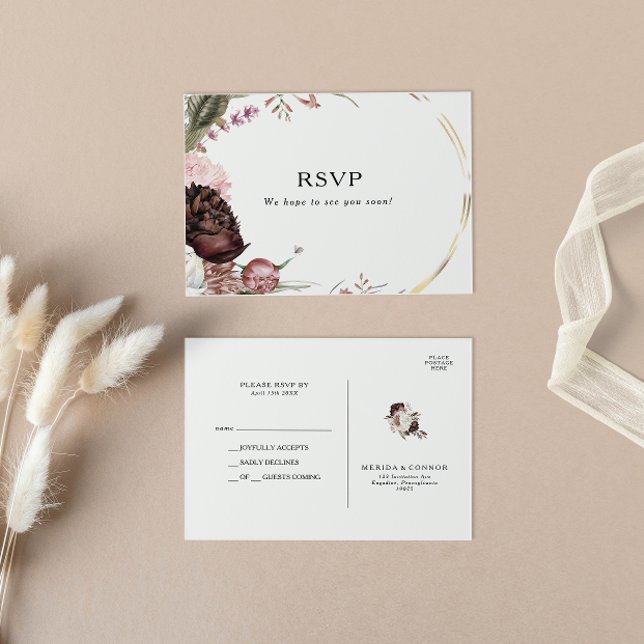 Burgundy Boho Floral Wedding RSVP Postcard (Creator Uploaded)