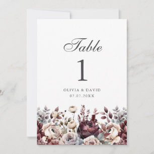 Burgundy Boho Floral Wedding Table Number