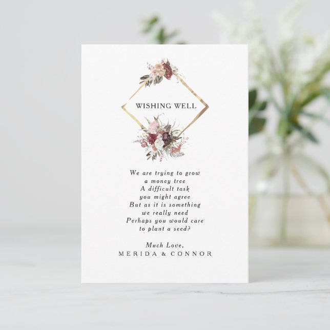 Burgundy Boho Floral Wedding Wishing Well Card (Standing Front)