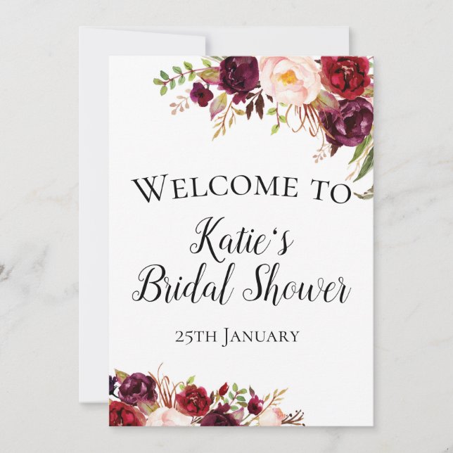 Burgundy Boho Flower Welcome Sign 5x7" Size Invitation (Front)