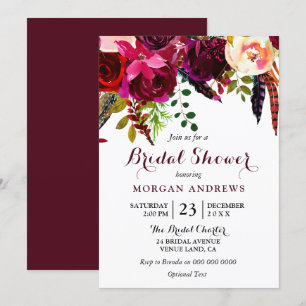 Burgundy Boho Flowers Bridal Shower Invitation