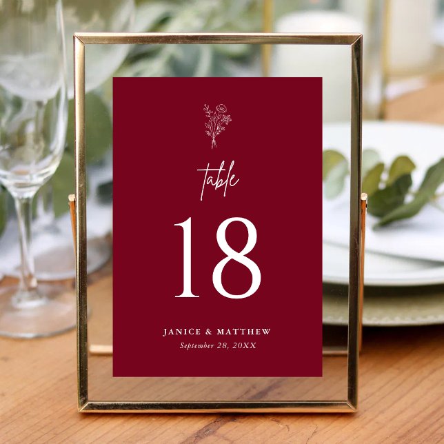 Burgundy Boho Minimalist Botanicals Wedding Table Number (Burgundy boho botanical table number adds rich warmth while guiding guests with ease.)