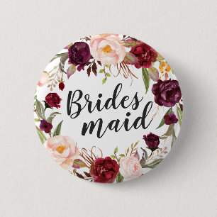 Burgundy Boho Red Blush Floral Wreath Bridesmaid 6 Cm Round Badge