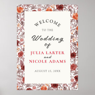 Burgundy Boho Rose Floral Pampas Grass Wedding Poster
