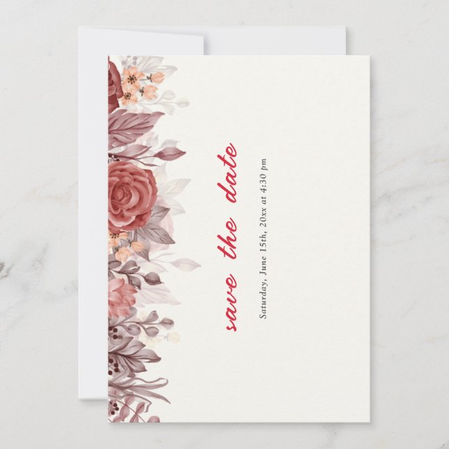 Burgundy Boho Rose Floral Pampas Grass Wedding Save The Date (Front)