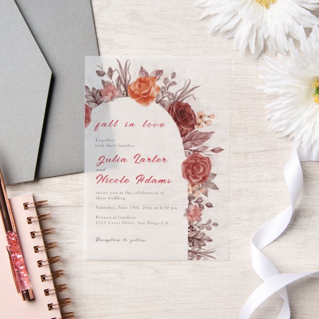 Burgundy Boho Rose Floral Pampas Grass Wedding Vellum Invitations (Wedding)