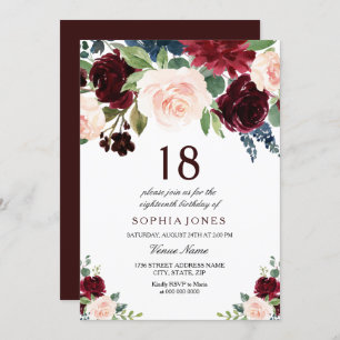 Burgundy Boho Watercolor Blush 18th Birthday Party Invitation
