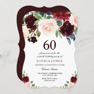 Burgundy Boho Watercolor Blush 60th Birthday Party Invitation