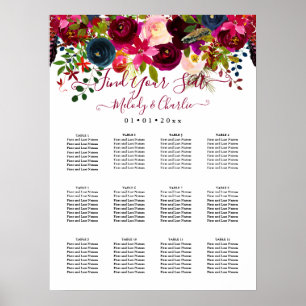 BURGUNDY BOHO WATERCOLOR FLOWERS SEATING CHART