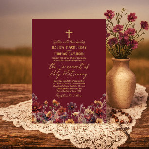 Burgundy Boho Wildflowers Modern Catholic Wedding Invitation