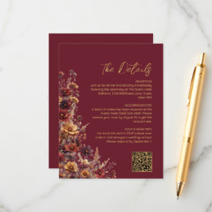 Burgundy Boho Wildflowers QR Code Wedding Details Enclosure Card