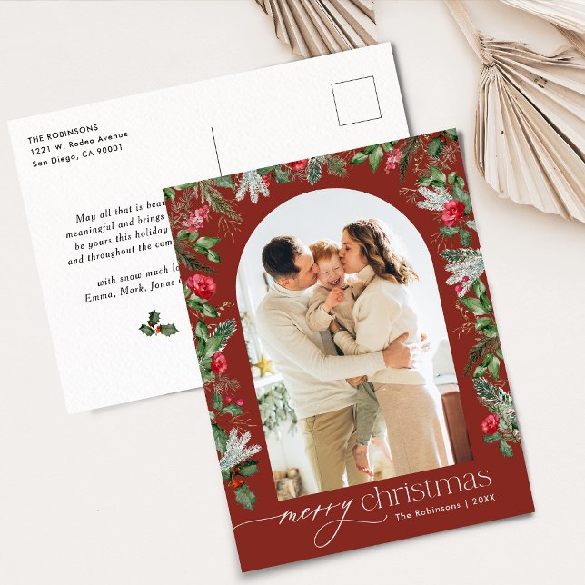 Burgundy Botanical Arch 1 Photo Christmas Holiday Postcard (Creator Uploaded)