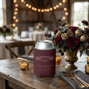 Burgundy botanical crest monogram wedding can cooler