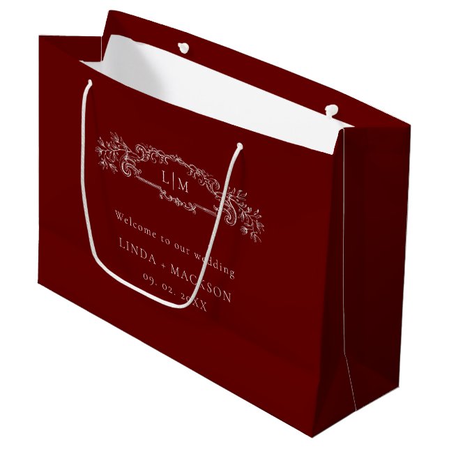 Burgundy botanical crest monogram wedding large gift bag (Front Angled)