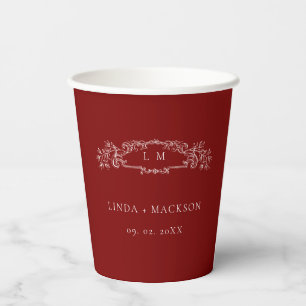 Burgundy botanical crest monogram wedding paper cups