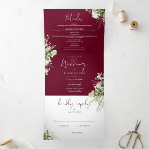 Burgundy Botanical Greenery Photo Wedding  Tri-Fold Invitation
