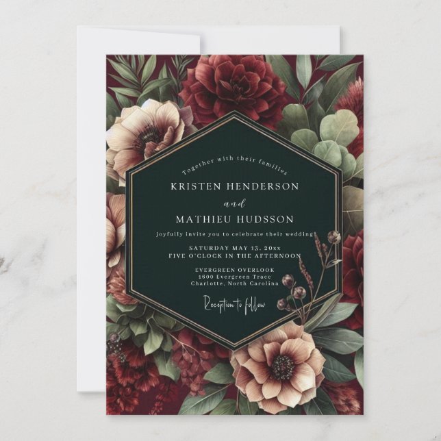Burgundy Botanical Moody Wedding Invitation (Front)