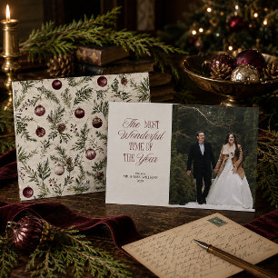 Burgundy Botanical Newlywed Christmas Photo Holiday Card