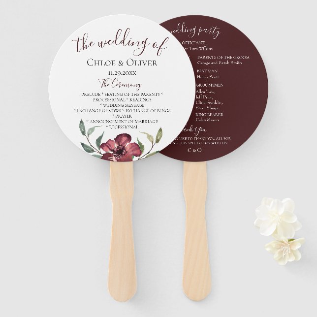 Burgundy Botanical Wedding Program Hand Fan (Front and Back)