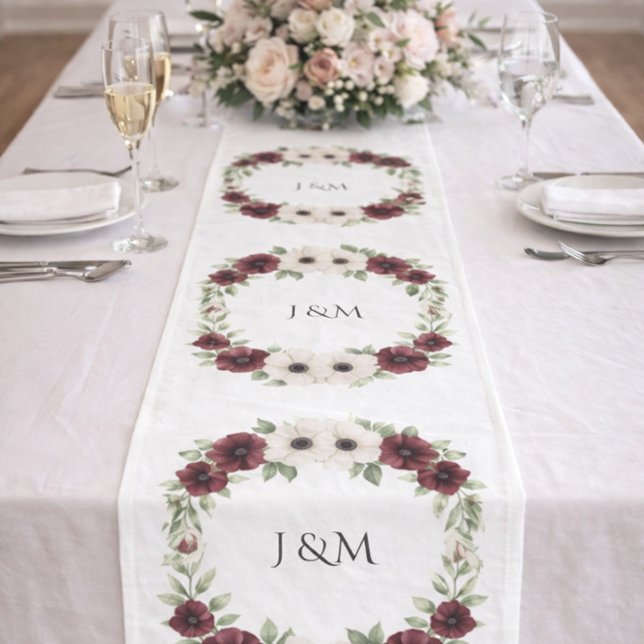 Burgundy Botanical Wreath Wedding Decor Newlyweds Long Table Runner (Creator Uploaded)