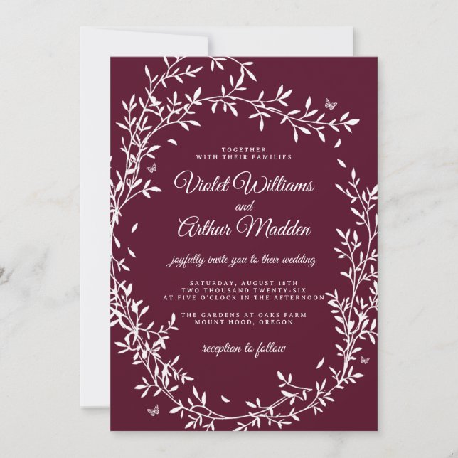 Burgundy Botanical Wreath Wedding Invitation (Front)