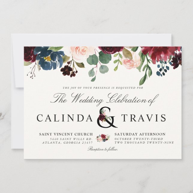 Burgundy Bouquet | Floral | Horizontal Invitation (Front)