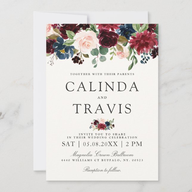 Burgundy Bouquet | Floral | Name Focus Invitation (Front)
