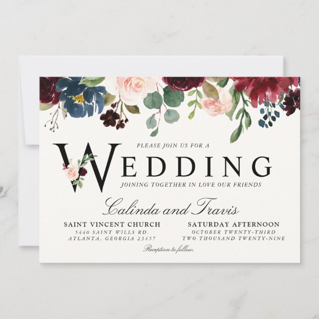 Burgundy Bouquet | Floral | Wedding Typography Invitation (Front)