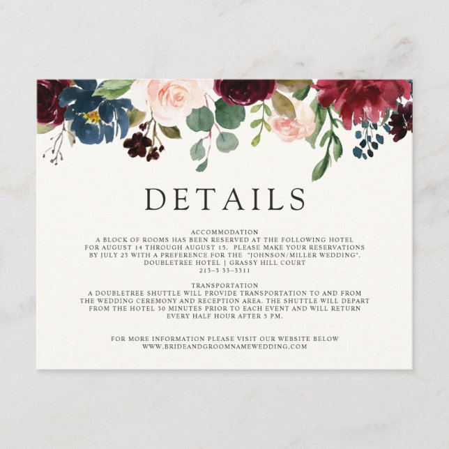 Burgundy Bouquet | Wedding Details Enclosure Card (Front)