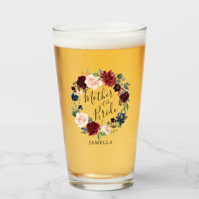 Burgundy Bouquet Wreath Mother of the Bride Glass (Front Filled)