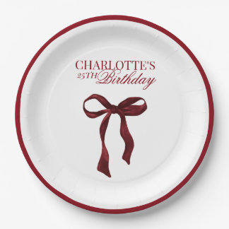 Burgundy Bow Birthday Paper Plate
