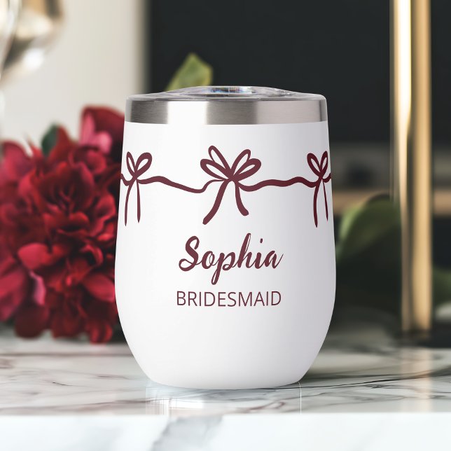 Burgundy Bow Bridesmaid Personalised Script Name (Burgundy Bow Bridesmaid Personalized Script Name Thermal Wine Tumbler)