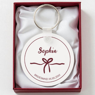 Burgundy Bow Bridesmaid Script Modern Name Date Key Ring