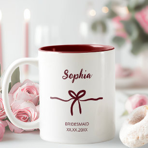 Burgundy Bow Bridesmaid Script Modern Name Date Two-Tone Coffee Mug