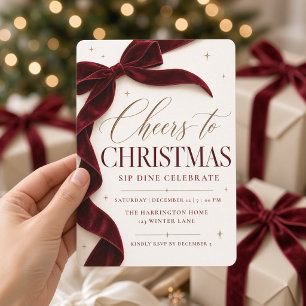 Burgundy Bow Cheers to Christmas Dinner Party Invitation