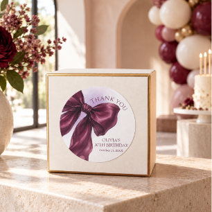 Burgundy Bow coquette Birthday Thank you Favour Classic Round Sticker